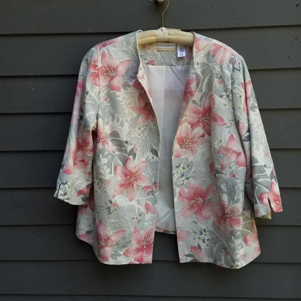 Alfred Dunner Gray Pink Textured Open Front Floral Jacket size 18W